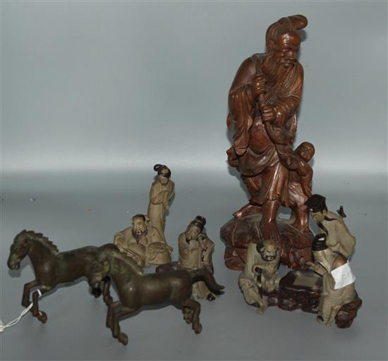 Chinese items- wood figure, 3 pottery groups and 2 bronze horses